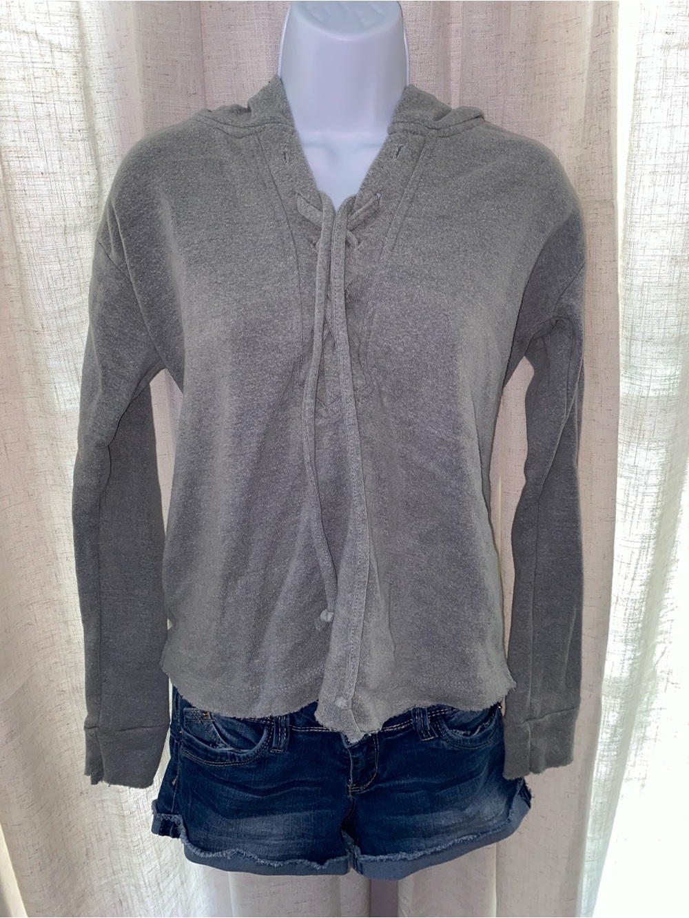 Derek Heart Grey Lace-Up Detail Raw Hem Hoodie